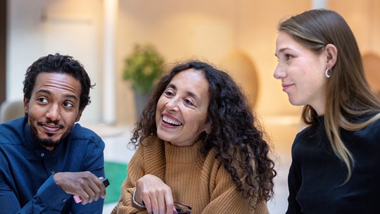 Personer i en netværksgruppe lytter og smiler under et netværksmøde for udlændinge der arbejder i Danmark.