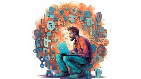 Grafik fra Midjourney med denne prompt: a man sitting in front of a computer surrounded by question marks and paragraph symbols
